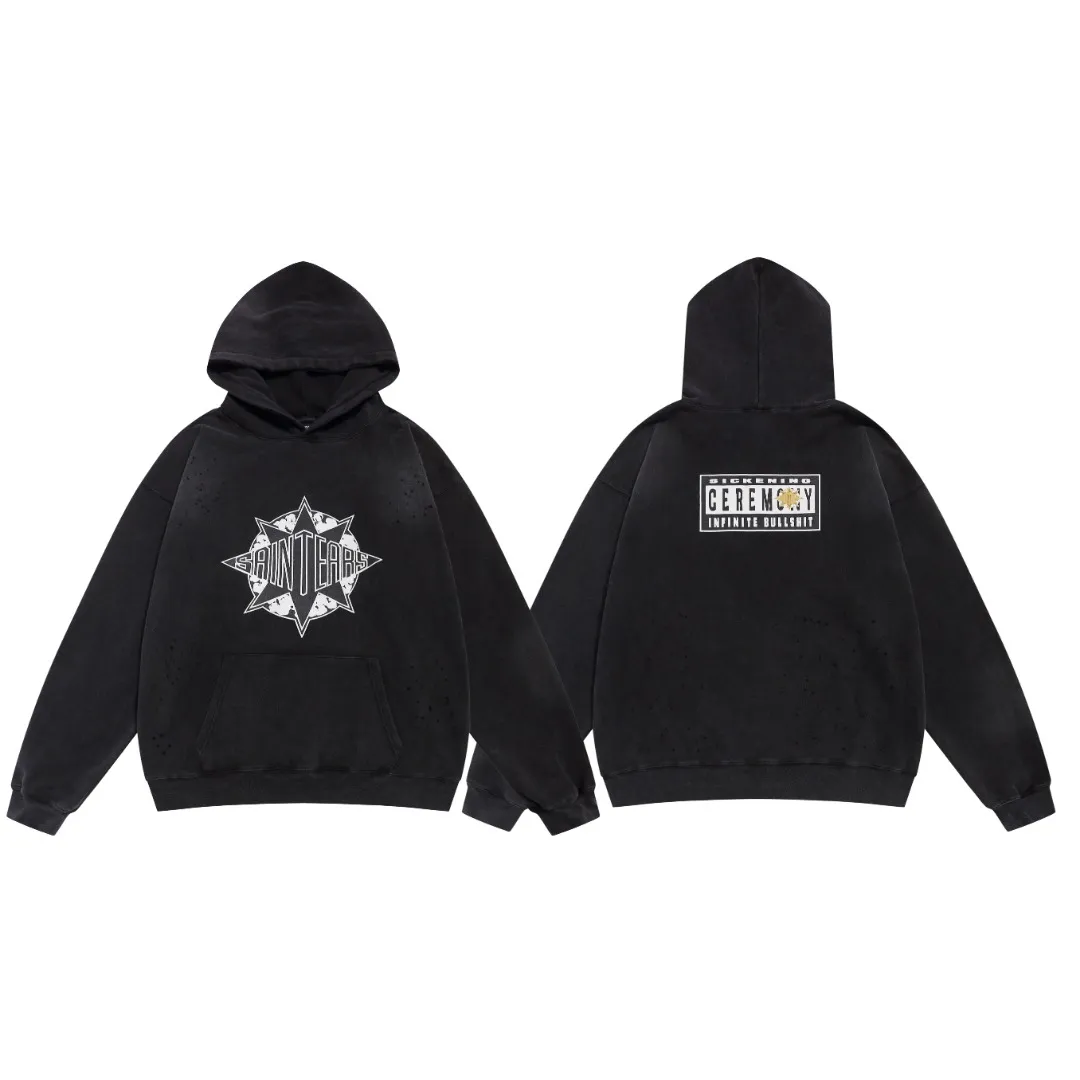 Beautiful SAINT Michael retro tear print distressed washed hooded sweatshirt for men and women. Fabric: 420g Style number: SM630 Size: S-M-L-XL Color: Black Price: P236